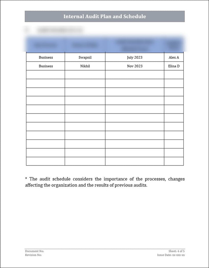 Internal Audit Plan and Schedule