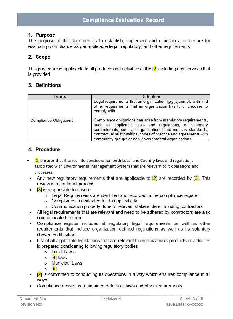 Compliance Evaluation Record, Compliance Evaluation