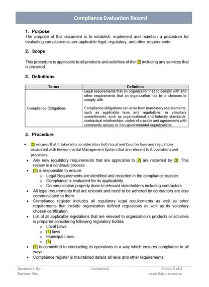 Compliance Evaluation Record, Compliance Evaluation