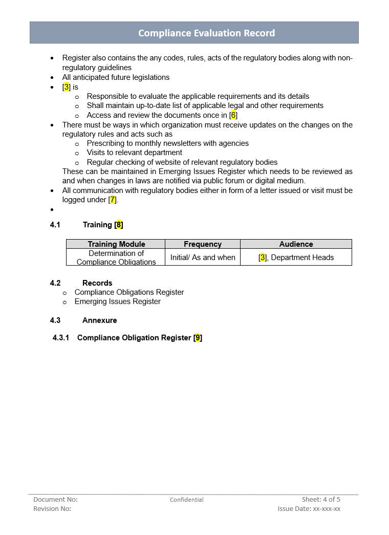 Compliance Evaluation Record, Compliance Evaluation