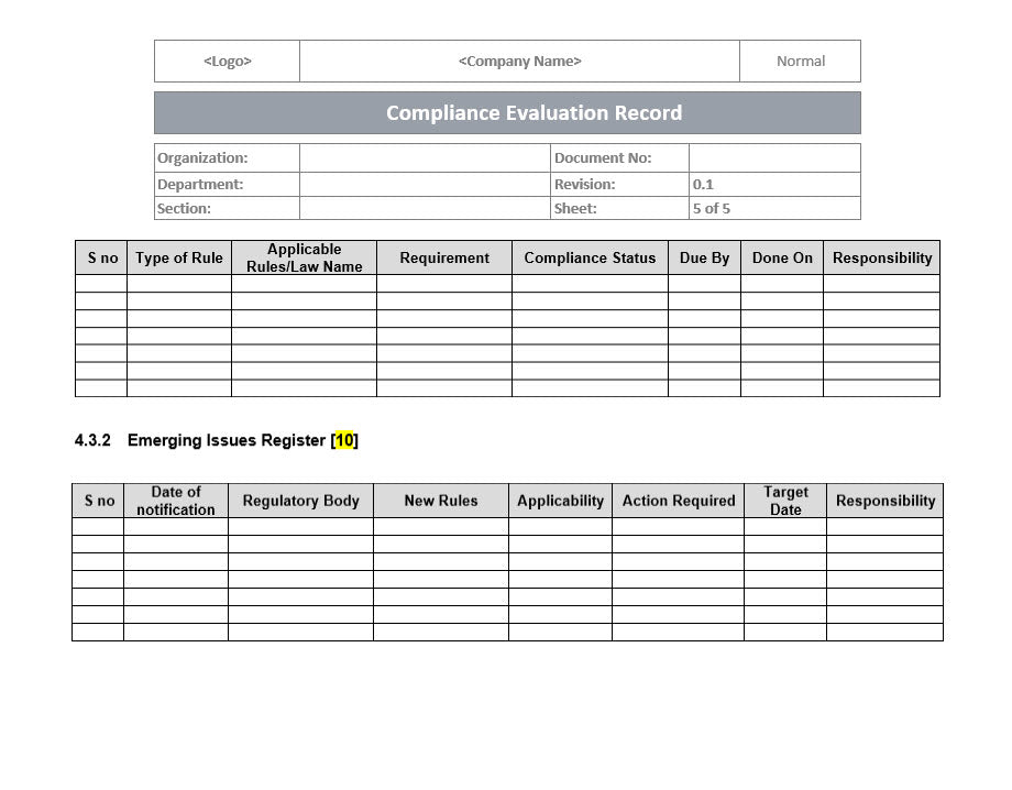 Compliance Evaluation Record, Emerging issues register