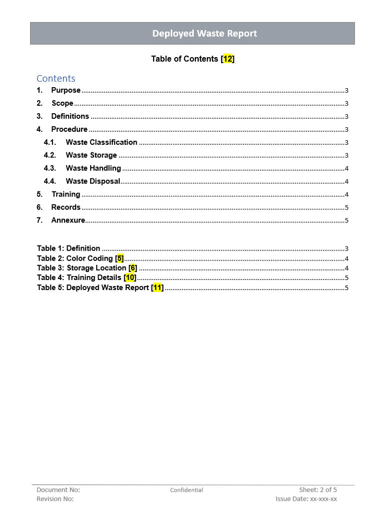 Deployed waste report, waste report