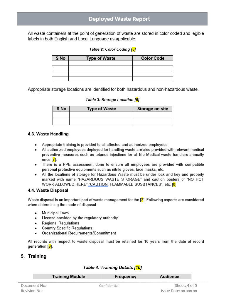 Deployed waste report, waste disposal