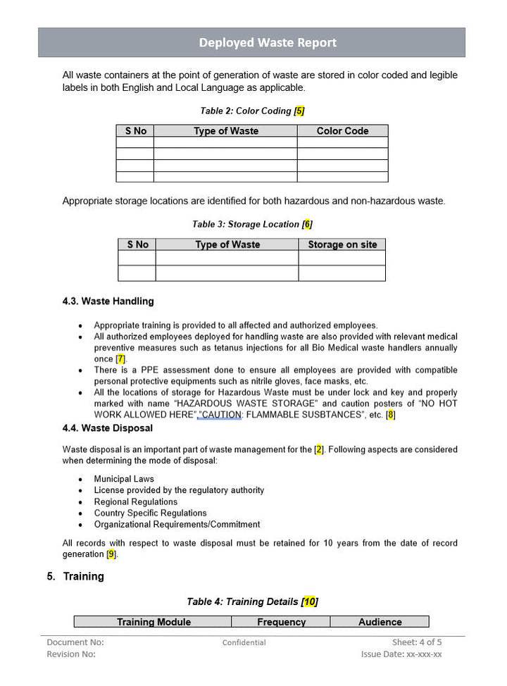 Deployed waste report, waste disposal