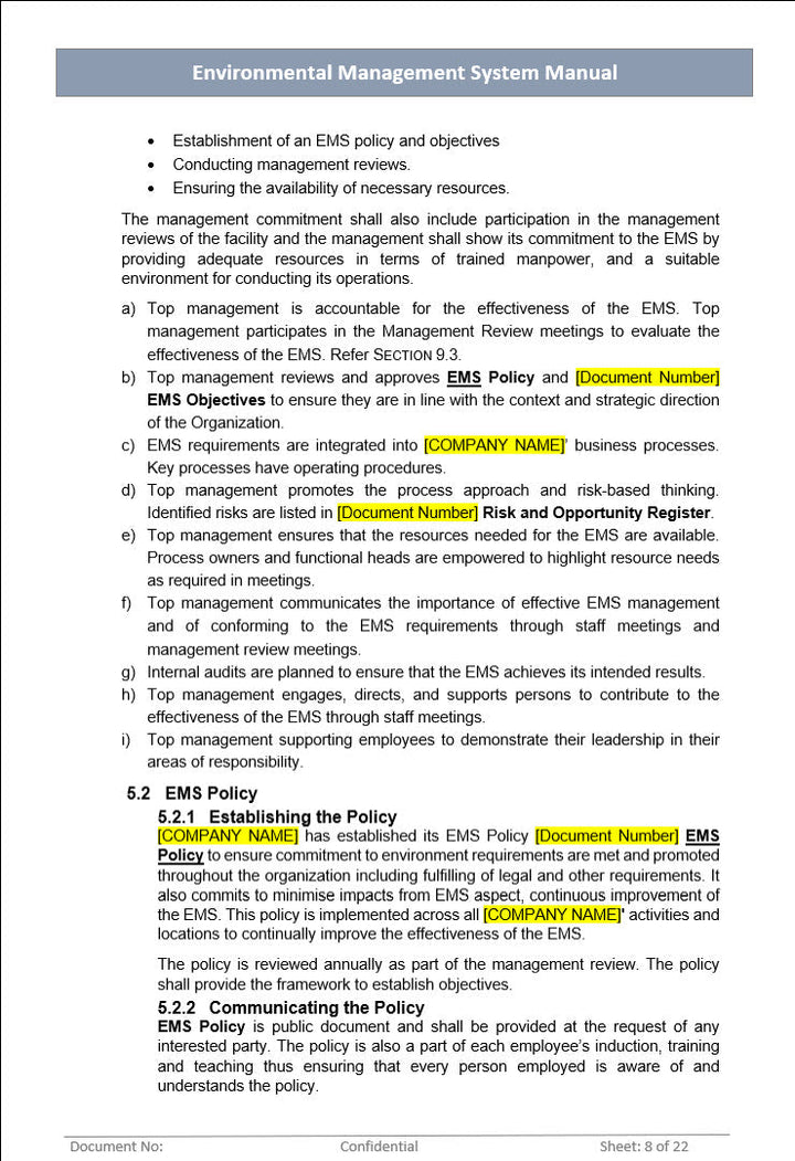 Environmental Management System Manual, Environmental Management System policy