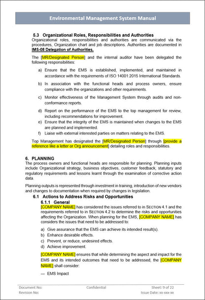 Environmental Management System Manual, Environmental Management System planning