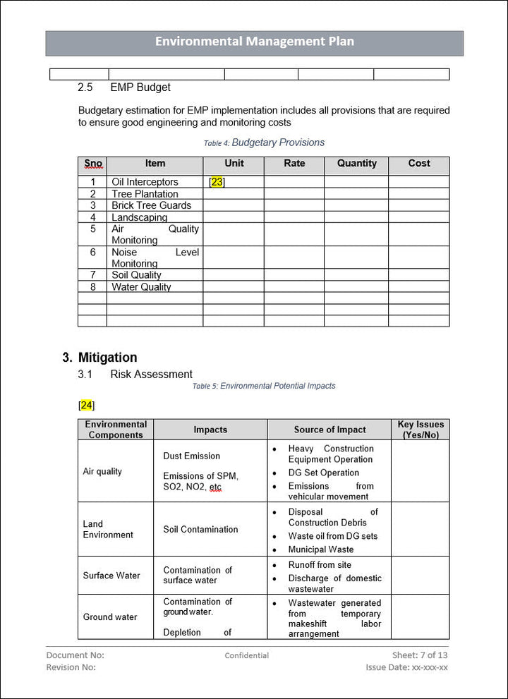 Environment management plan, mitigation