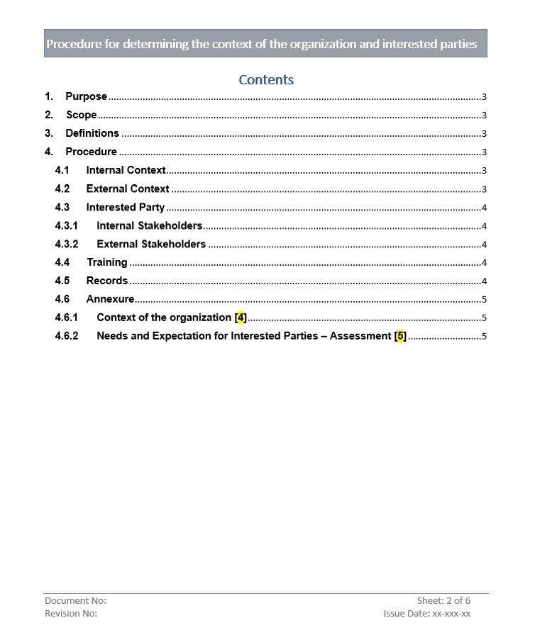 Procedure for determining context of organization and interested parties, organization context