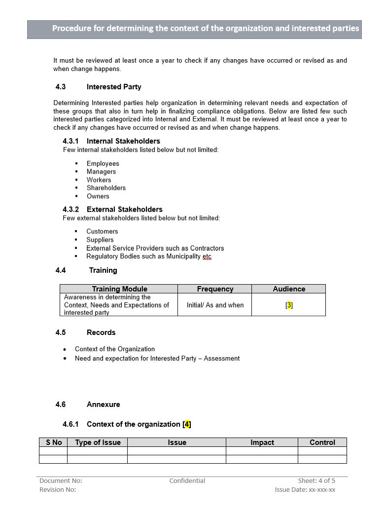 Procedure for determining context of organization and interested parties, organization context