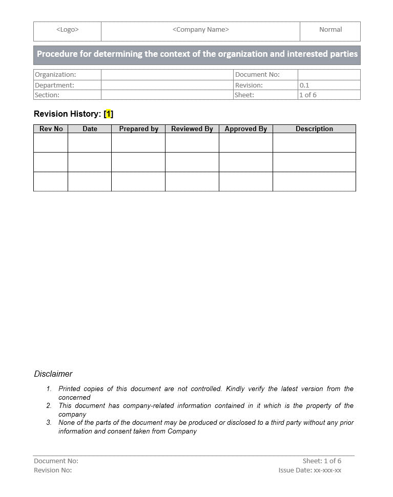 Procedure for determining context of organization and interested parties, organization context