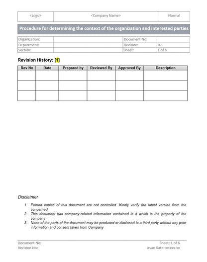 Procedure for determining context of organization and interested parties, organization context