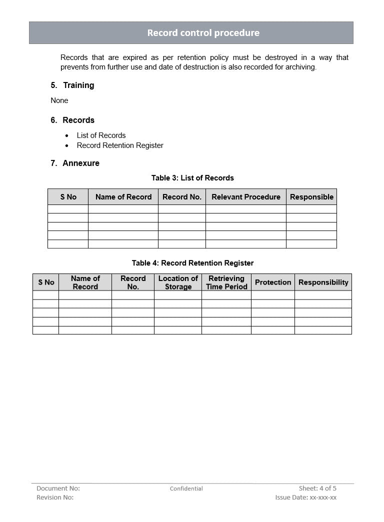 Record control procedure, record retention register