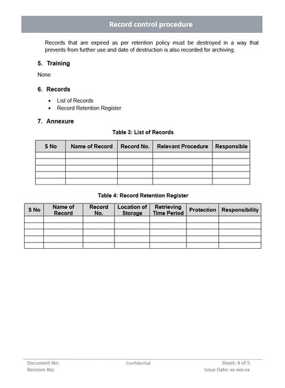 Record control procedure, record retention register