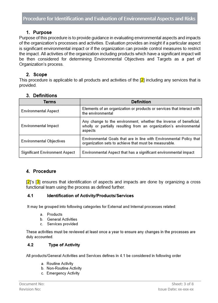 Identification and Evaluation of Environmental Aspects and Risks