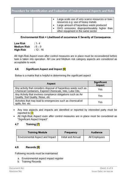 Identification and Evaluation of Environmental Aspects and Risks