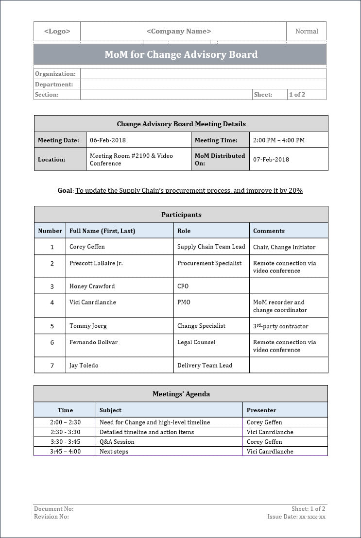 MOM for change advisory board,change advisory board, minutes of meeting