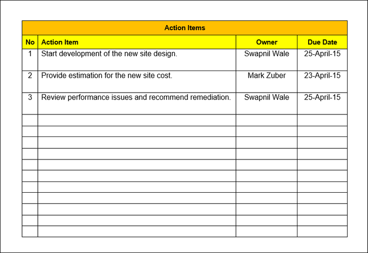 Action Items Word Template