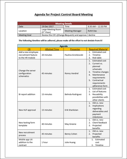 Agenda for Project Control Board Meeting