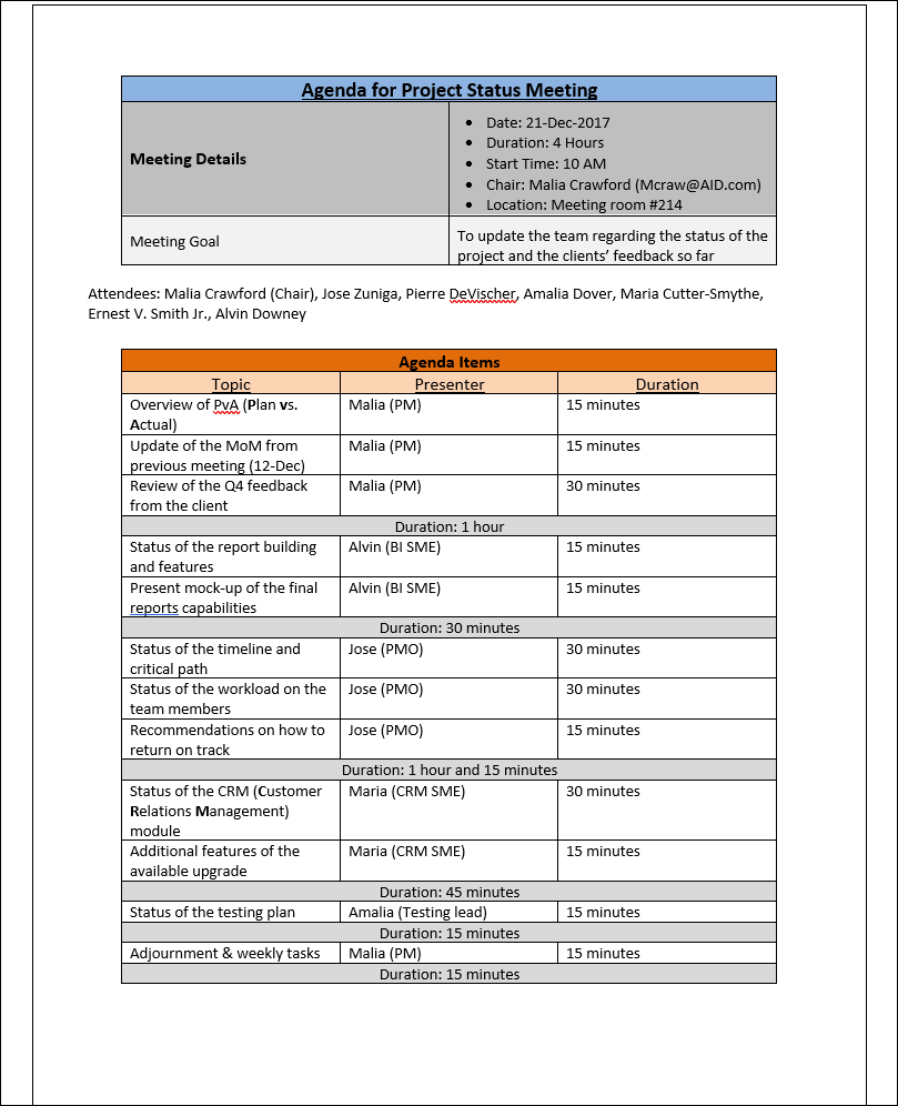 Agenda for Project Status Meeting