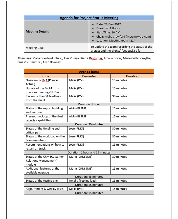 Agenda for Project Status Meeting