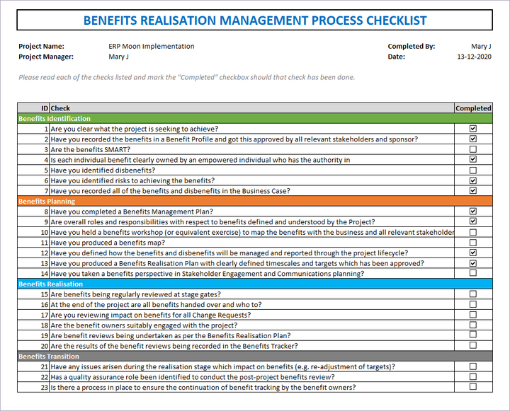 Benefit Realisation Management Process Checklist