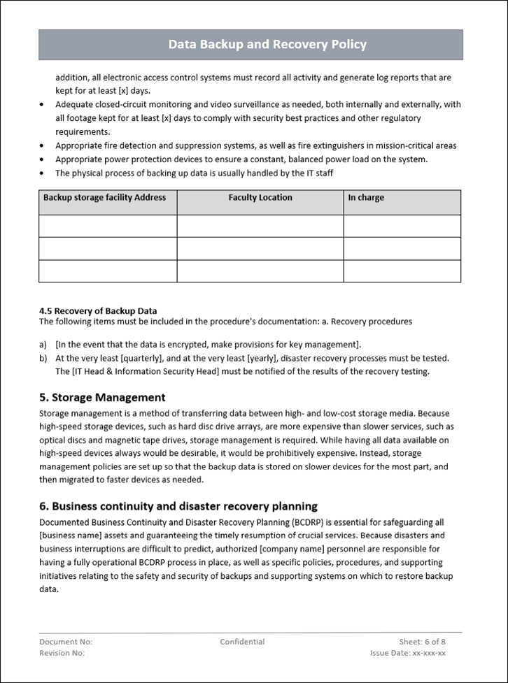 Data backup and recovery policy, Storage management