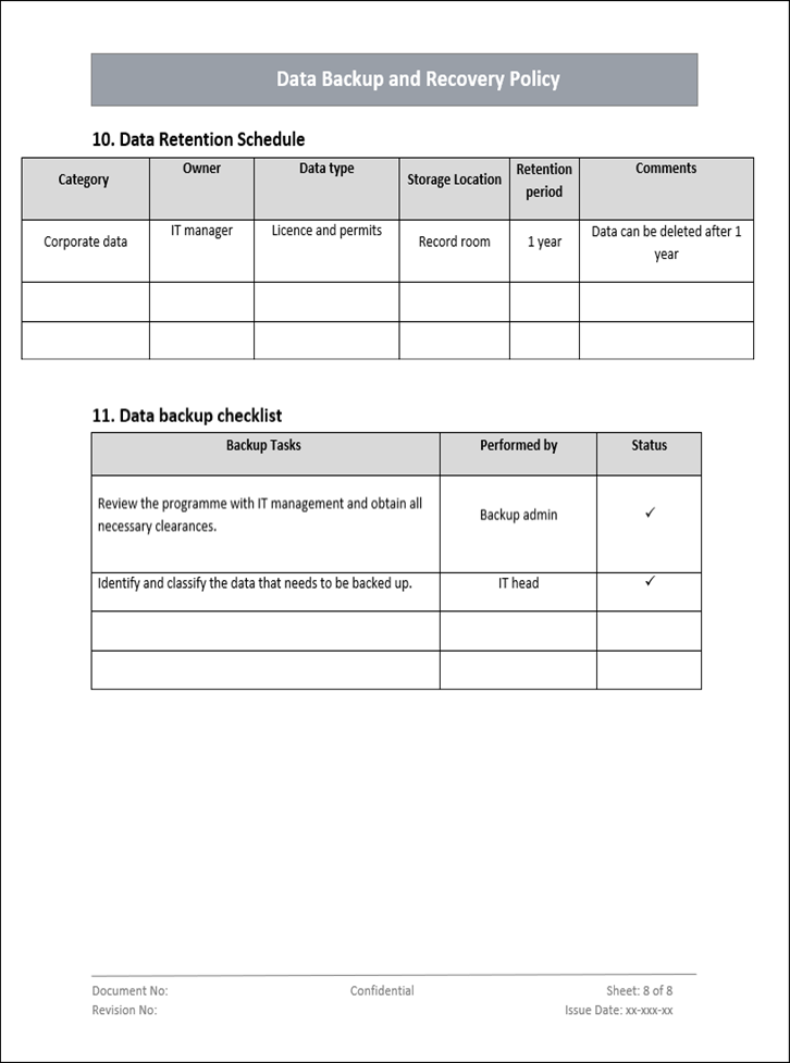 Data backup and recovery policy, Data backup checklist