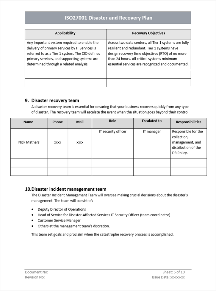 Disaster and recovery plan, Disaster recovery team