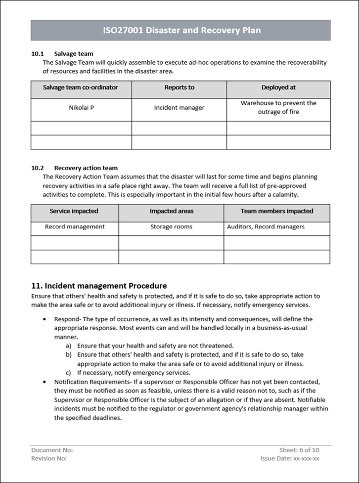 Disaster and recovery plan, Incident management procedure