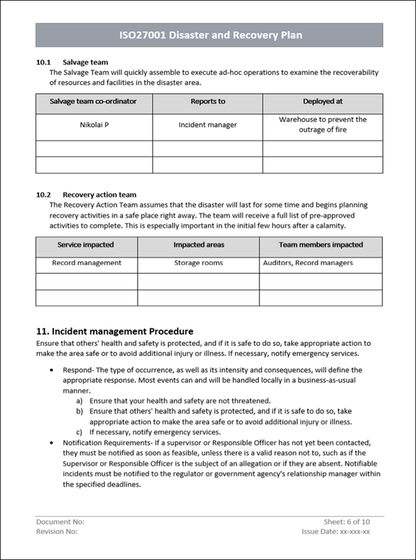 Disaster and recovery plan, Incident management procedure