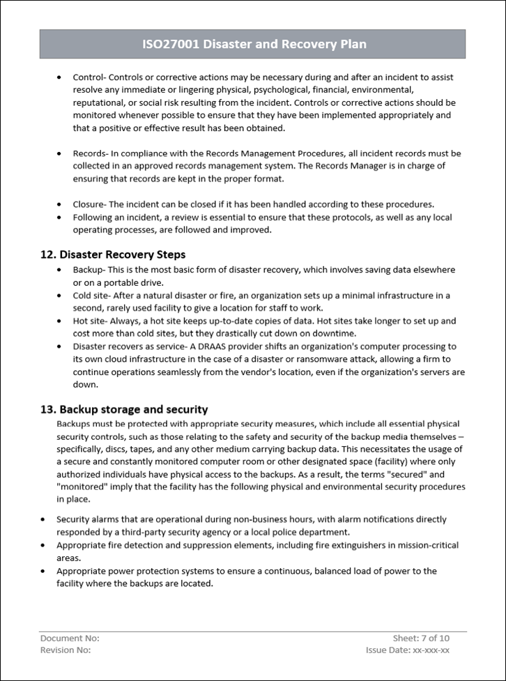 Disaster and recovery plan, Disaster recovery steps