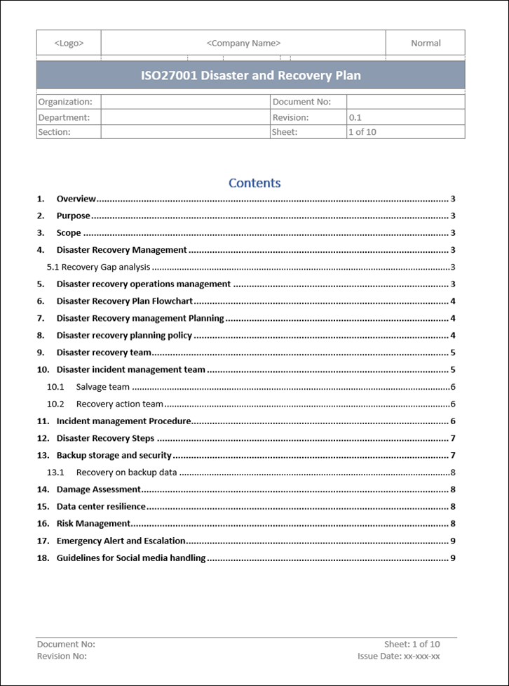 Disaster and recovery plan