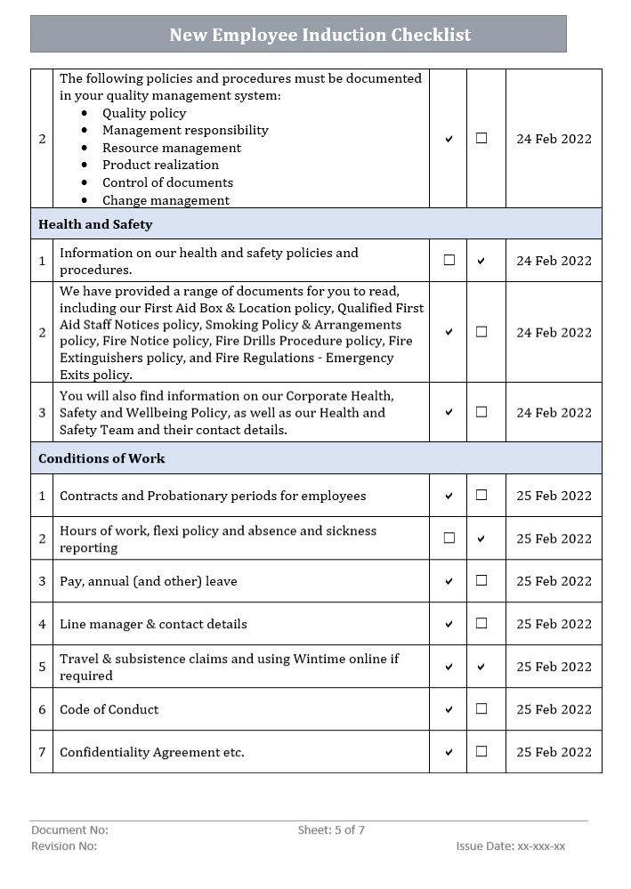 New Employee Induction Checklist Policy