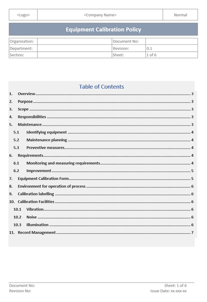 Equipment Calibration Policy