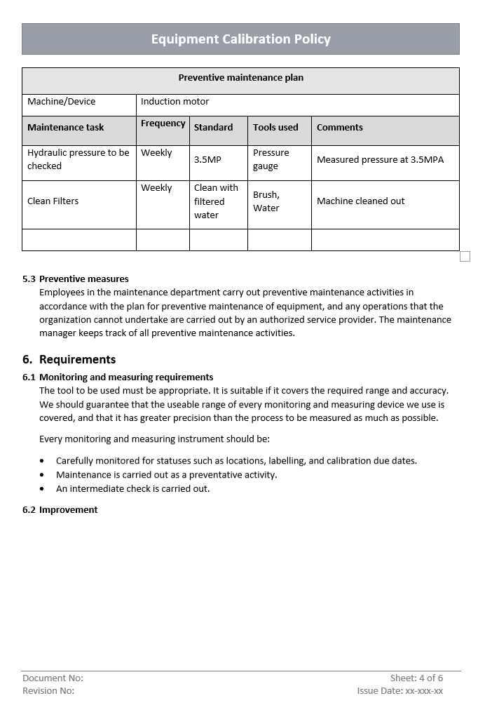 Equipment Calibration Policy Requirements