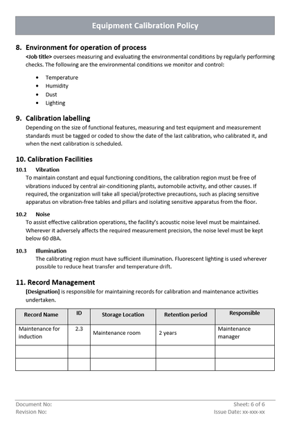 Equipment Calibration Policy Record Management 