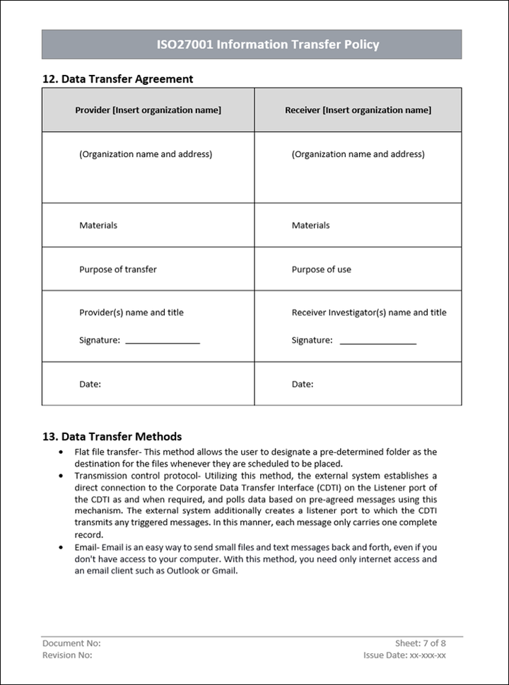 Information transfer policy, Data transfer agreement