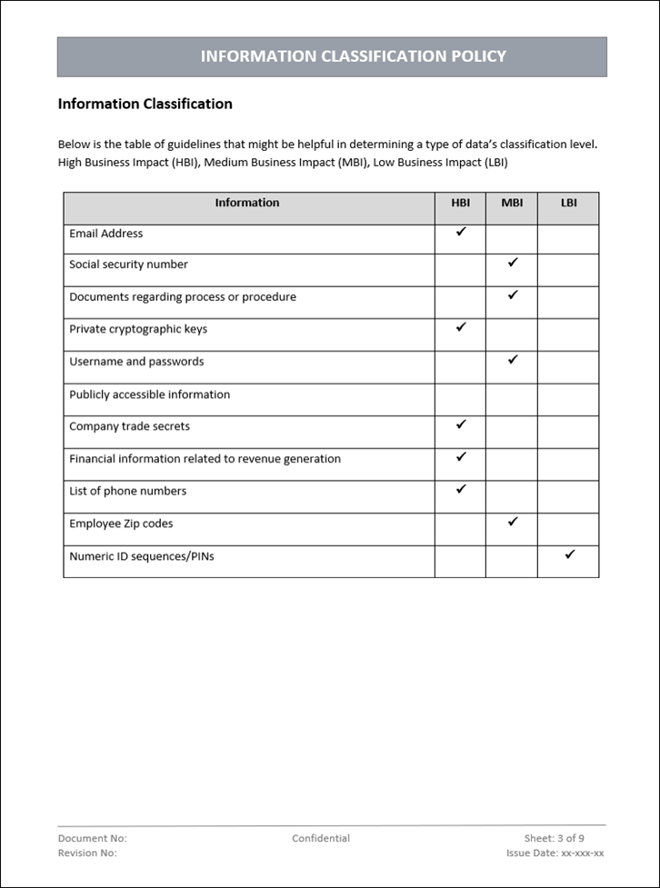 Information classification policy, Information classification