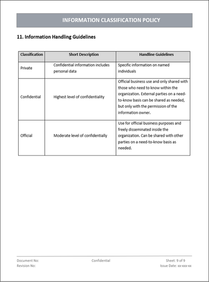 Information classification policy, Information handling guidelines