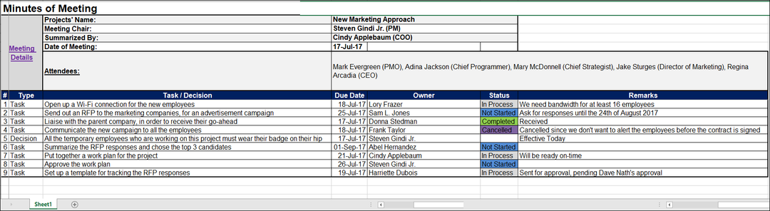 Minutes of Meeting Excel Template (Landscape)