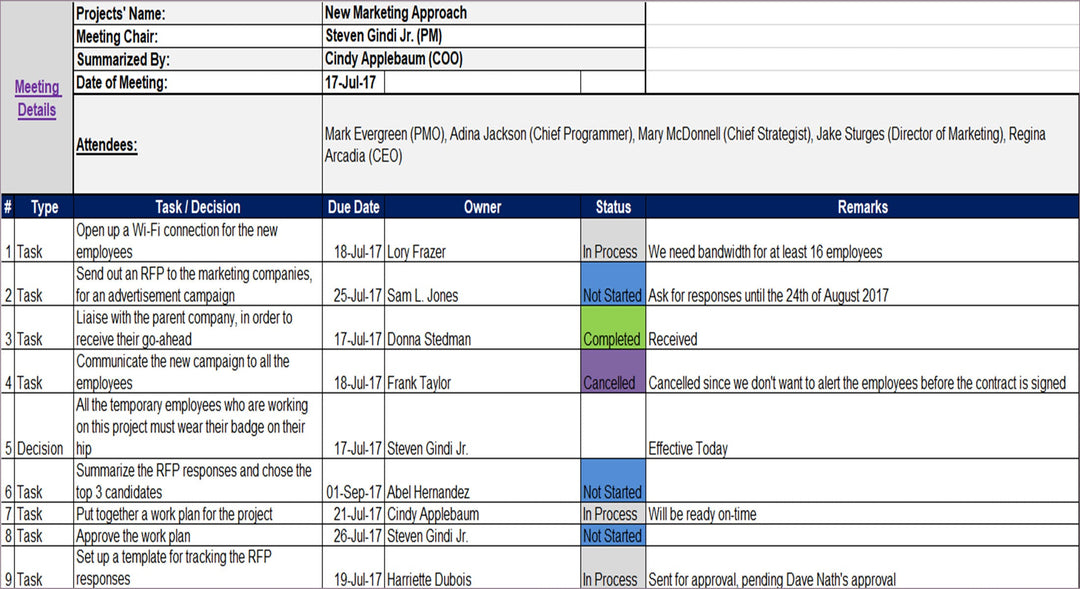 minutes of meeting excel landscape