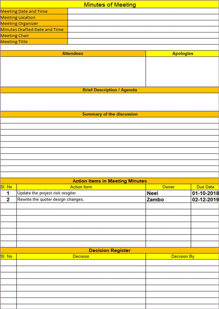 minutes of meeting excel portrait