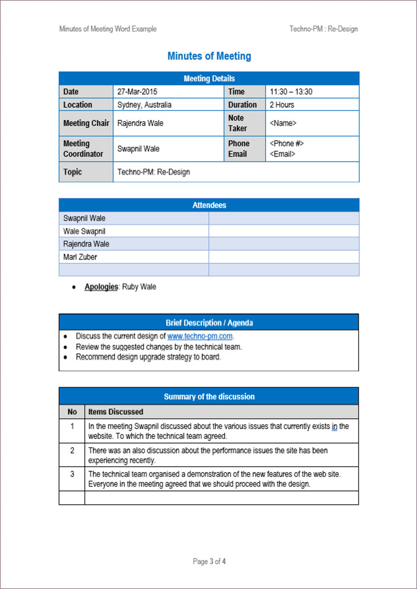 Minutes of Meetings Word