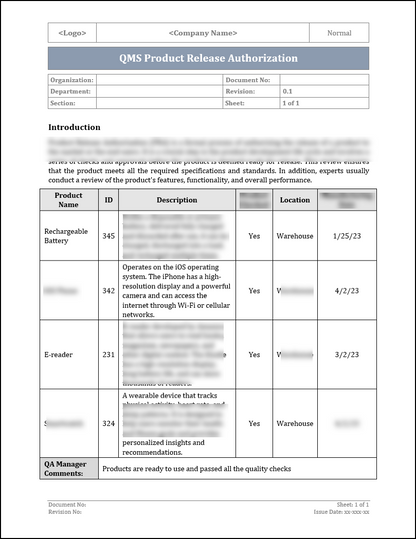 ISO 9001 product Release Authorization