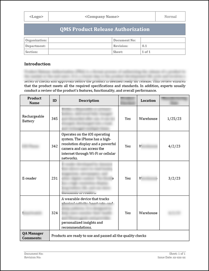 ISO 9001 product Release Authorization