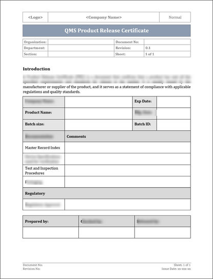 ISO 9001 Product Release Certificate