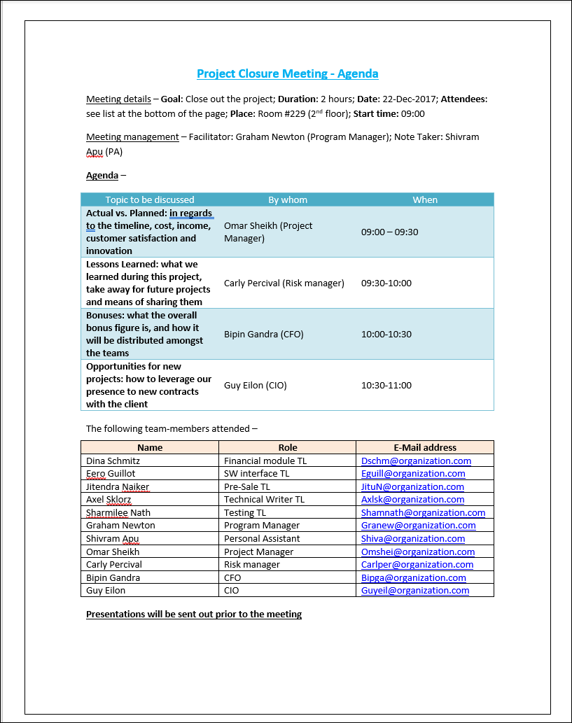 Project Closure Meeting - Agenda