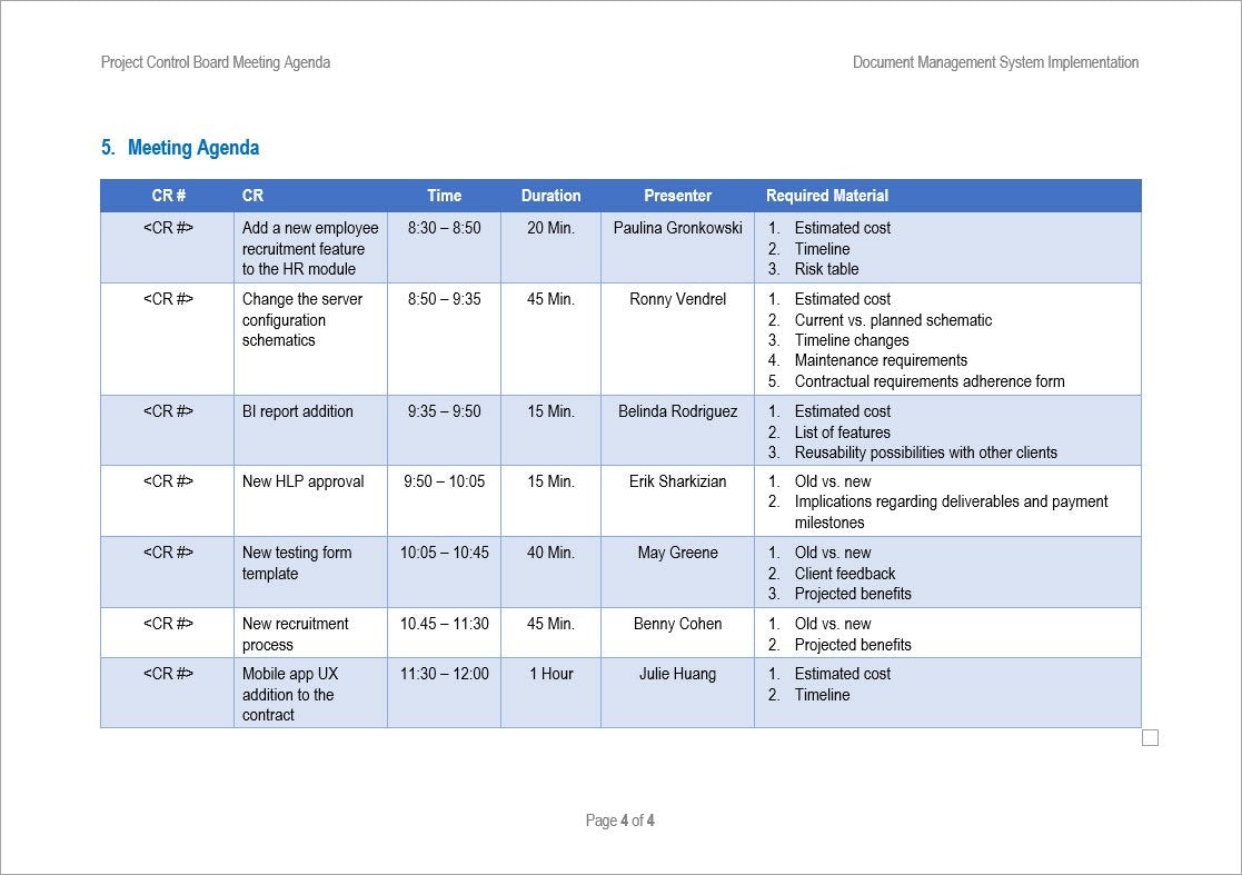 Project Control Board Meeting Agenda