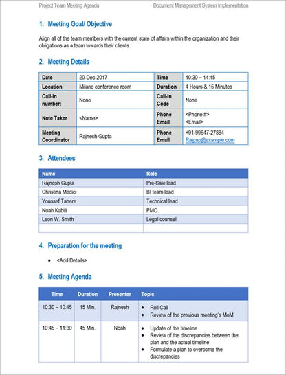 Project Team Meeting Agenda 