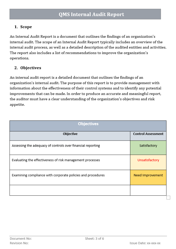 QMS Internal Audit Report Objectives